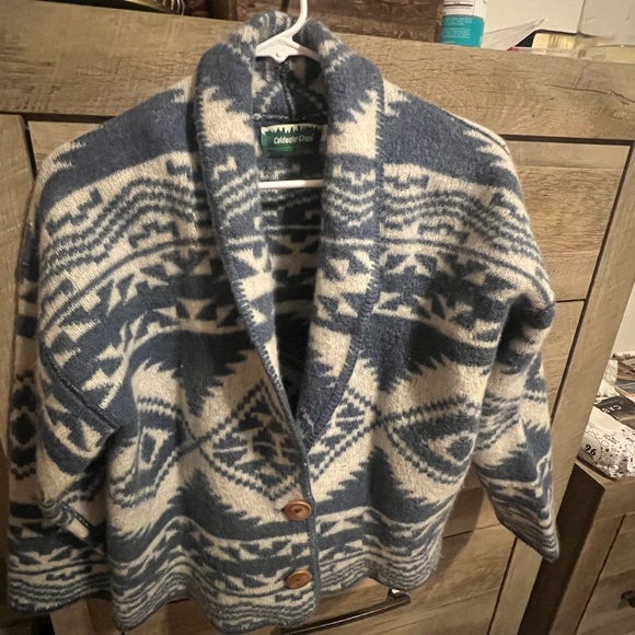 Coldwater Creek Blue and Cream Geometric Shawl Collar Cardigan - Picture 2 of 3